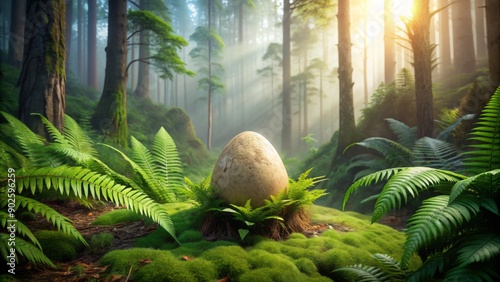 Fototapeta Naklejka Na Ścianę i Meble -  Mysterious ancient dinosaur egg nestled among lush green ferns and moss in a prehistoric misty forest landscape at dawn.