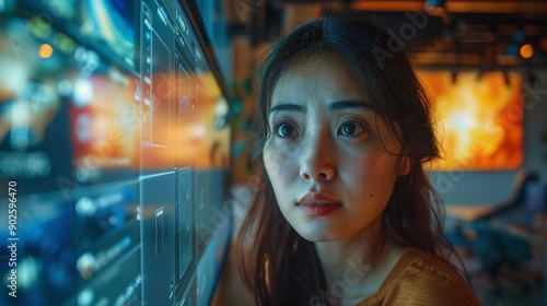 Young Woman Analyzing Data on a Touchscreen in a Modern Office Setting at Night © fotofabrika