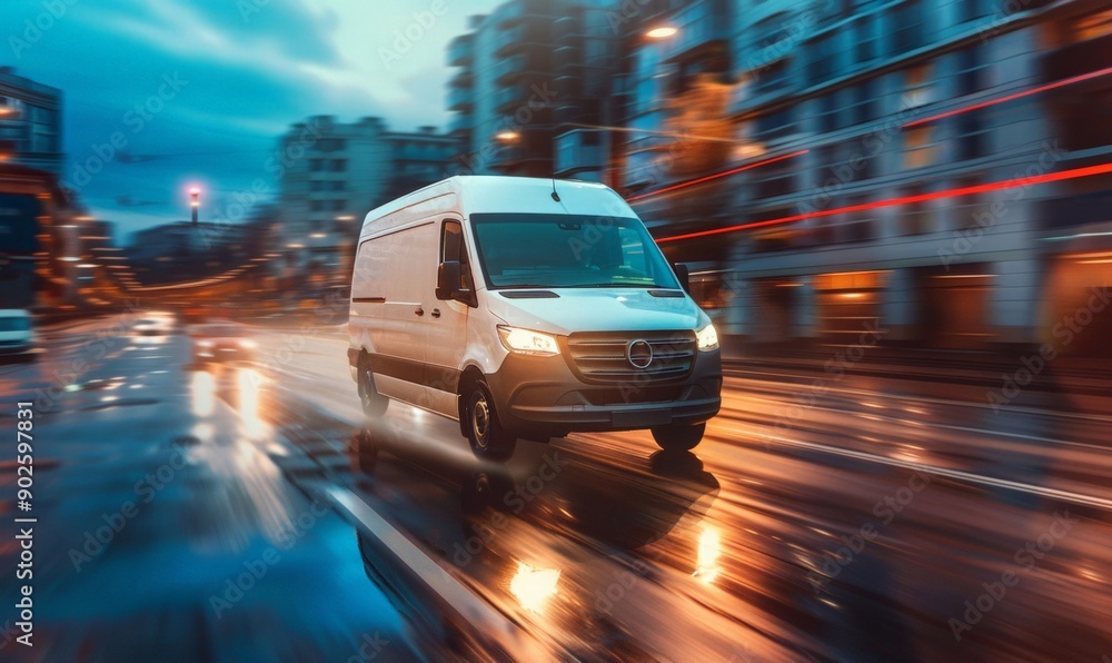A van car is driving through the streets of a night city. the concept of delivery, cargo transportation, logistics. A white car is driving fast through the evening city. A van car is driving through the streets of a night city. the concept of delivery, cargo transportation, logistics. A white car is driving fast through the evening city.