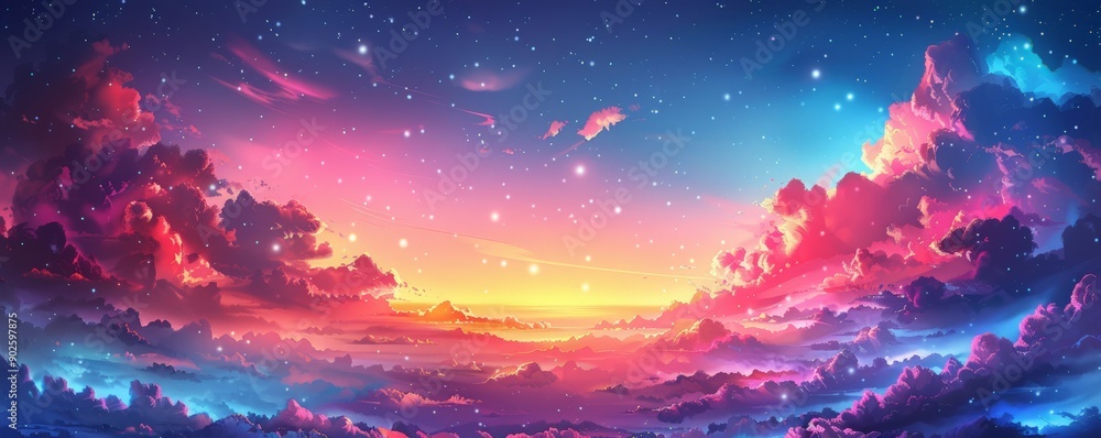 A fabulous blue pink morning or evening sky with clouds. The magical evening sky. With air clouds. Children's illustration. Magical starry pastel background A fabulous blue pink morning or evening sky with clouds. The magical evening sky. With air clouds. Children's illustration. Magical starry pastel background