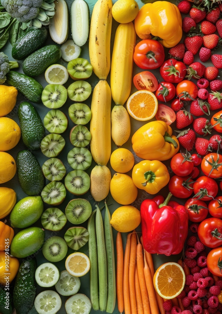 Vibrant Flatlay of Color Grouped Fruits and Vegetables on Seamless Surface Vibrant Flatlay of Color Grouped Fruits and Vegetables on Seamless Surface