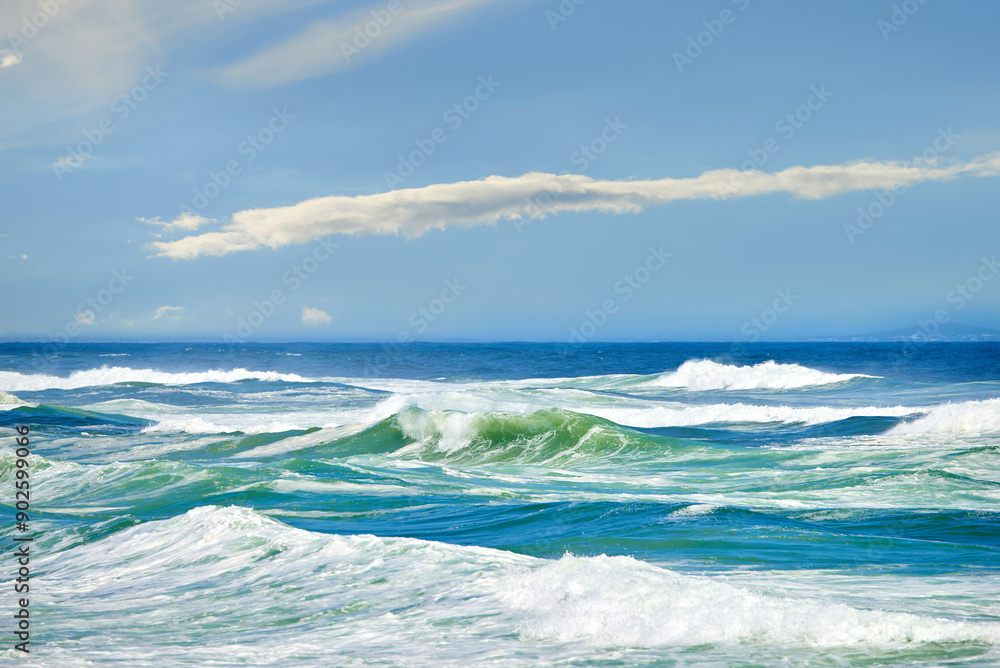 Waves, sea and nature scenery with shore and horizon for peace, travel destination and holiday location. Seascape, cloudy sky and ocean water for vacation landscape, panorama or environment on coast Waves, sea and nature scenery with shore and horizon for peace, travel destination and holiday location. Seascape, cloudy sky and ocean water for vacation landscape, panorama or environment on coast