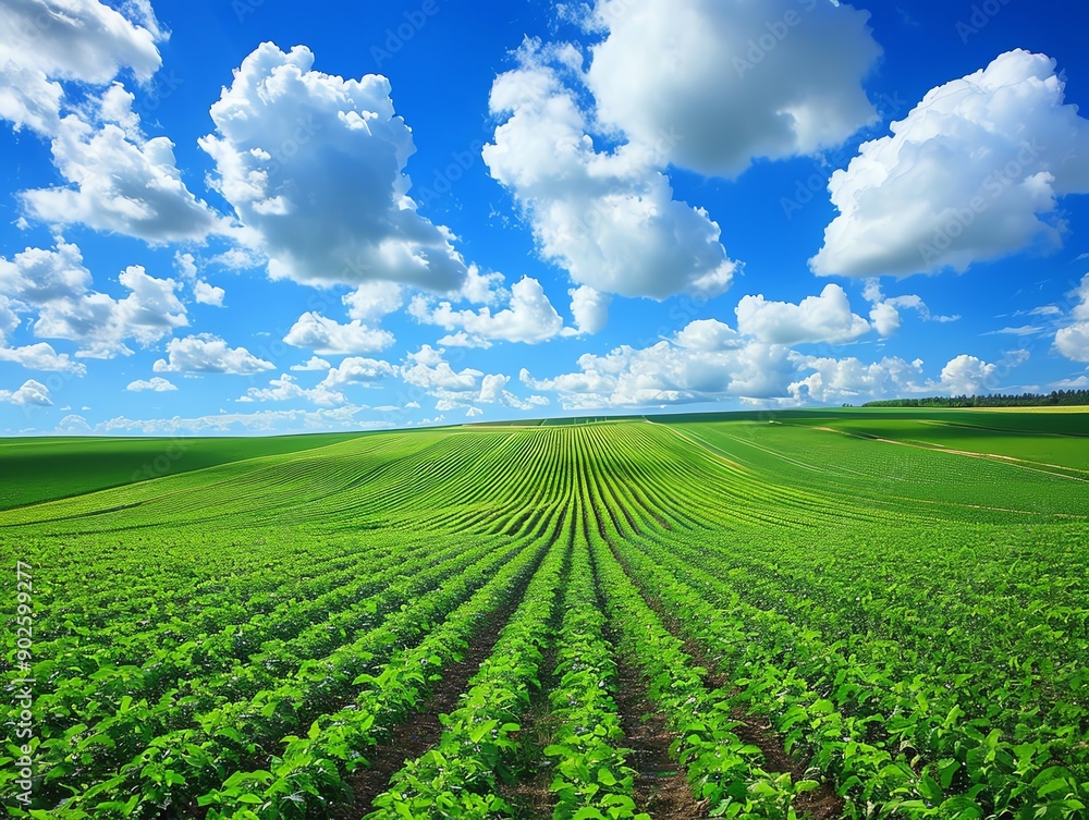 Endless rows of crops under bright blue sky, wide angle, vibrant green fields, fluffy white clouds, sense of growth and abundance Endless rows of crops under bright blue sky, wide angle, vibrant green fields, fluffy white clouds, sense of growth and abundance