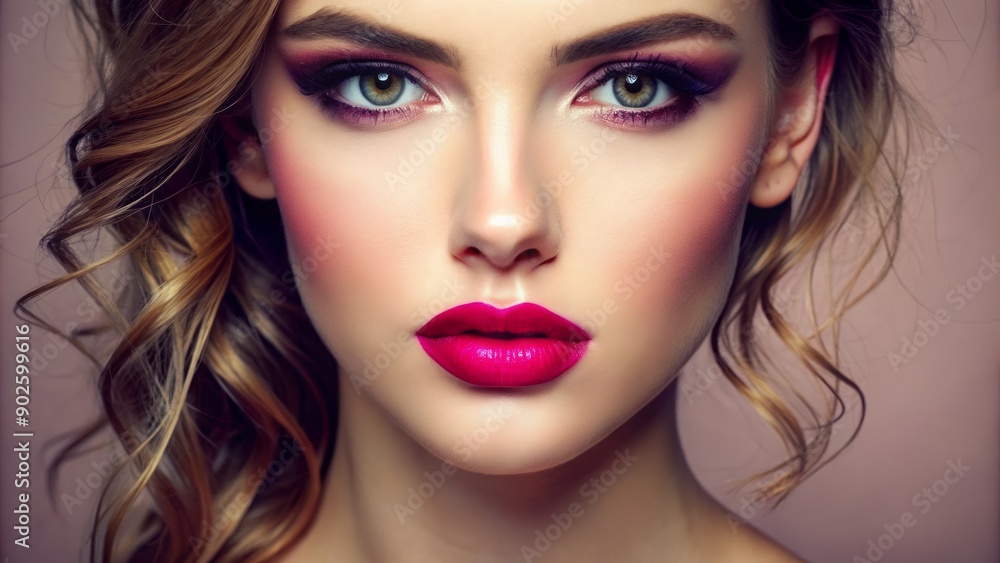 Close-up photograph of the face of a young beautiful girl with a bright make-up highlighting her flawless skin and bold pink lips. Close-up photograph of the face of a young beautiful girl with a bright make-up highlighting her flawless skin and bold pink lips.