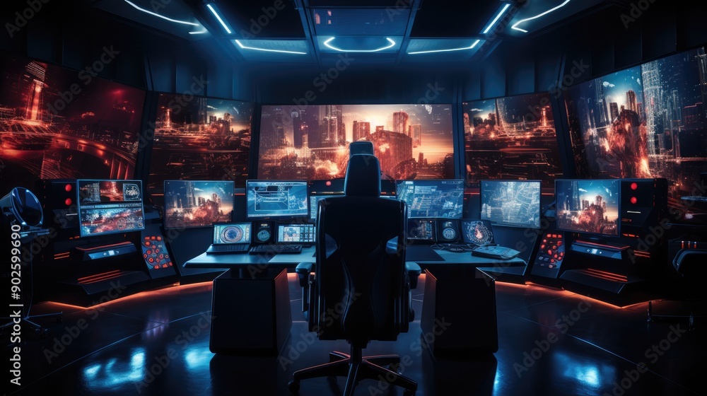 High-tech control room with glowing screens and advanced consoles High-tech control room with glowing screens and advanced consoles