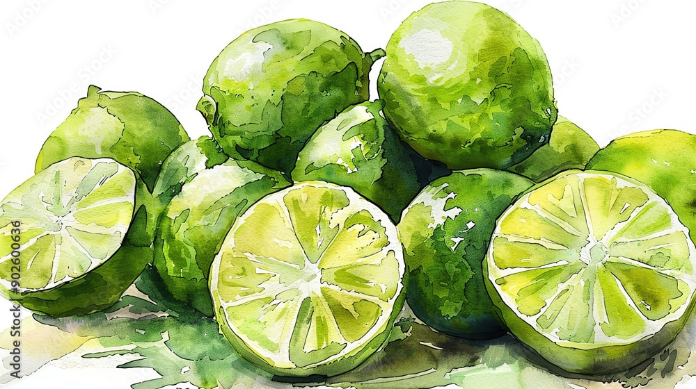 Watercolor painting of a bunch of fresh limes, perfect pastel tone, whimsical style, high resolution, professional create, very detailed, high quality Watercolor painting of a bunch of fresh limes, perfect pastel tone, whimsical style, high resolution, professional create, very detailed, high quality