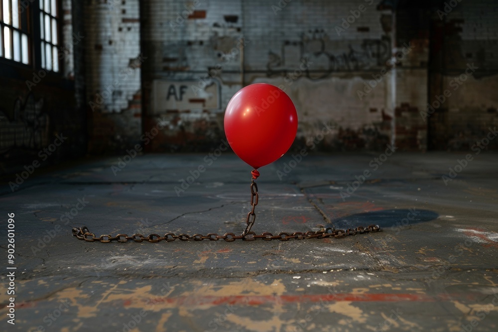 Striking conceptual art piece of a red balloon chained to the ground in an abandoned warehouse Striking conceptual art piece of a red balloon chained to the ground in an abandoned warehouse