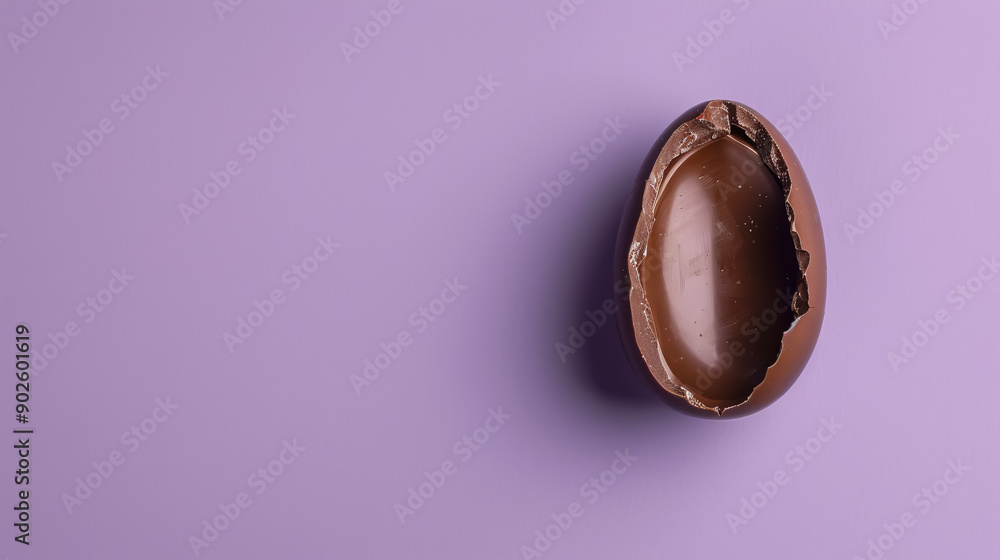 A half-eaten chocolate Easter egg on an isolated purple background. A half-eaten chocolate Easter egg on an isolated purple background.
