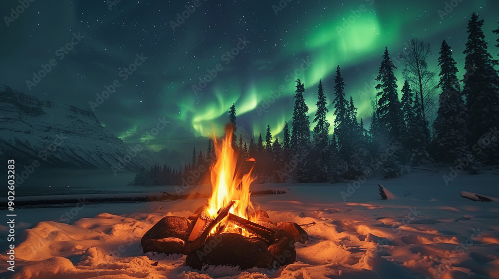 Burning fire against the backdrop of the northern lights Burning fire against the backdrop of the northern lights