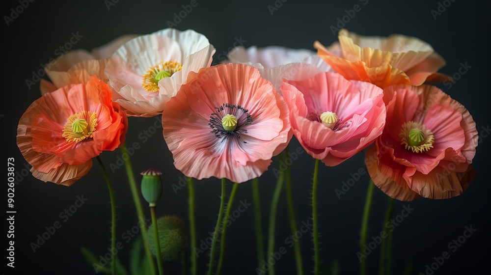 Obraz premium Vibrant Poppies Displaying Colorful Blooms Against a Dark Background in Spring