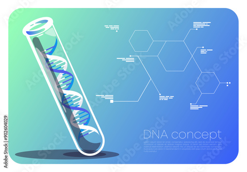 Vector illustration DNA structure in glass tube, laboratory research DNA helix