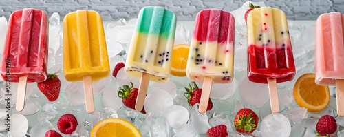 An assortment of fruitflavored popsicles on ice, with vibrant colors and textures, arranged in a random pattern photo