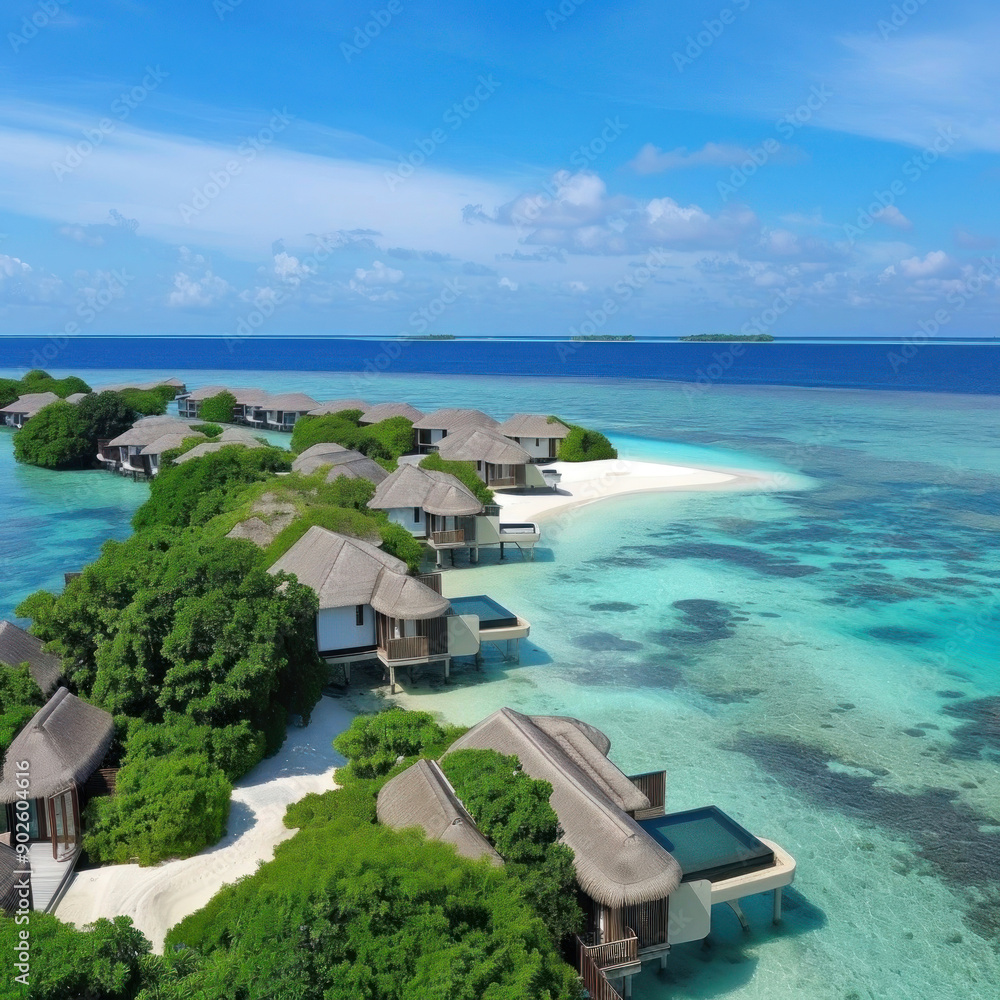 Fototapeta premium Dive into serenity with this stunning tropical oasis, featuring over-water villas