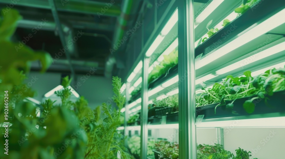 A row of plants are growing in a greenhouse. The plants are green and healthy A row of plants are growing in a greenhouse. The plants are green and healthy