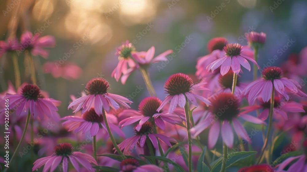 Fototapeta premium A field of purple flowers with a bright sun in the background. The flowers are in full bloom and are arranged in a way that creates a sense of harmony and balance