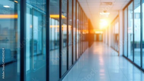 Sunlight reflecting off glass partitions in a modern minimalist corporate office hallway setting The bright clean aesthetic and sleek design create a sophisticated professional environment