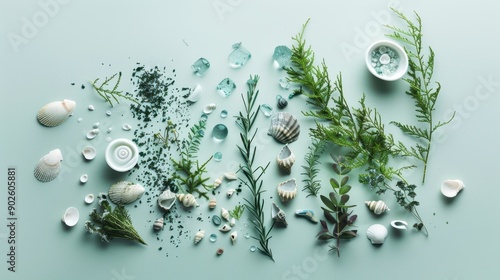 Seashells, Sea Glass, and Greenery on a Mint Green Background