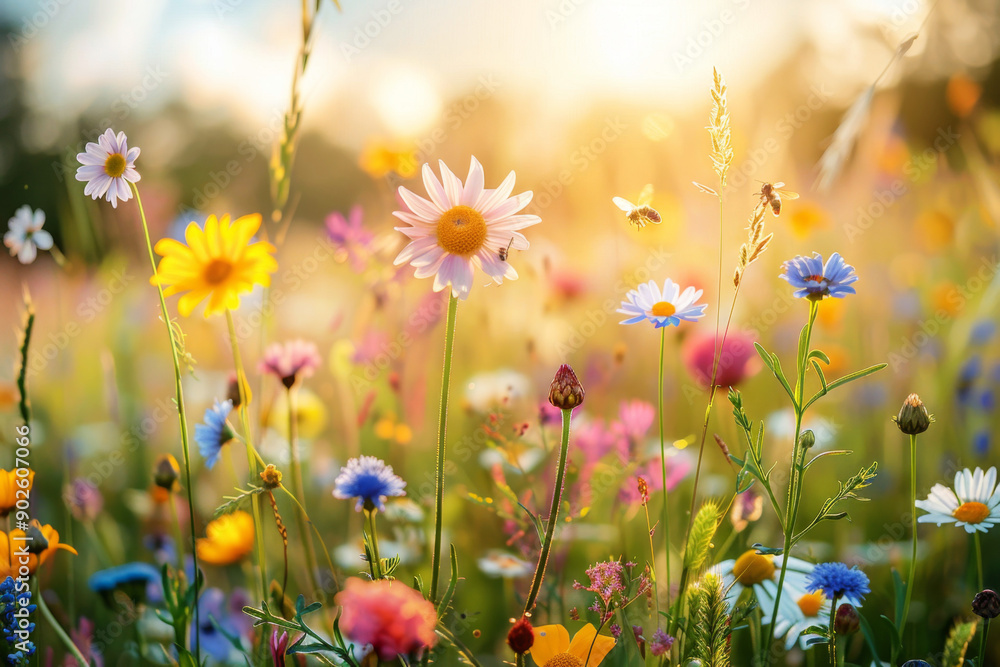 Sunlit wildflower meadow with buzzing bees on a radiant day Sunlit wildflower meadow with buzzing bees on a radiant day
