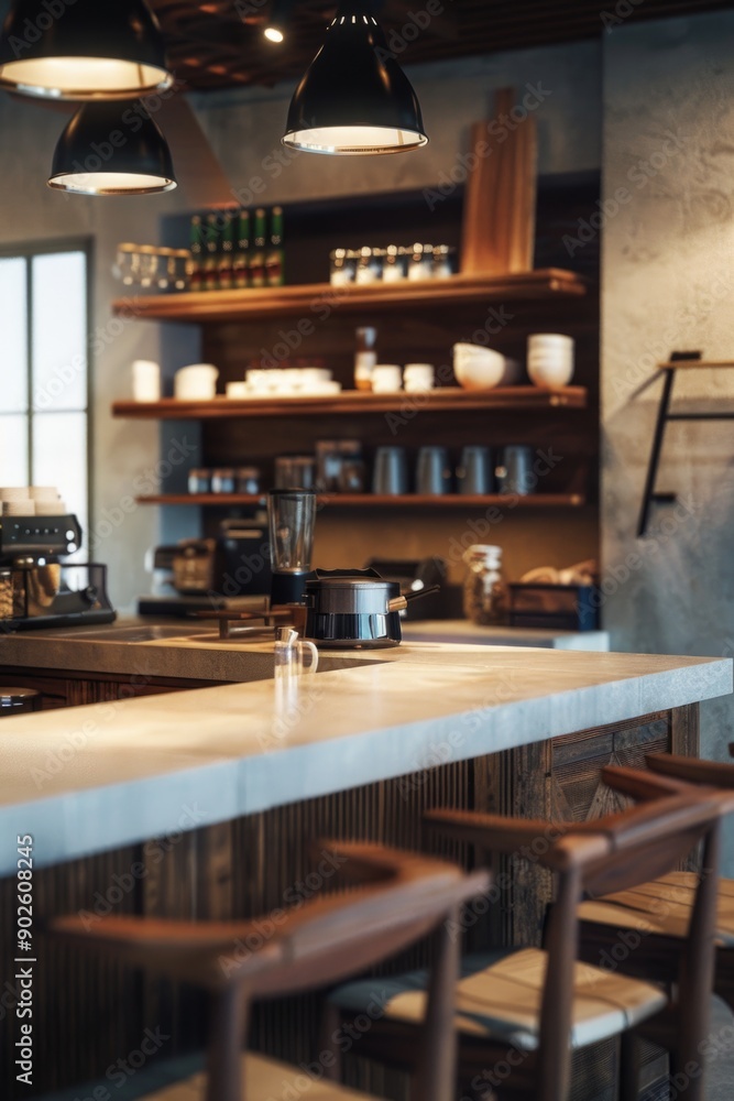 A bar with a counter and wooden chairs. The counter has a coffee maker and a bottle of salt A bar with a counter and wooden chairs. The counter has a coffee maker and a bottle of salt