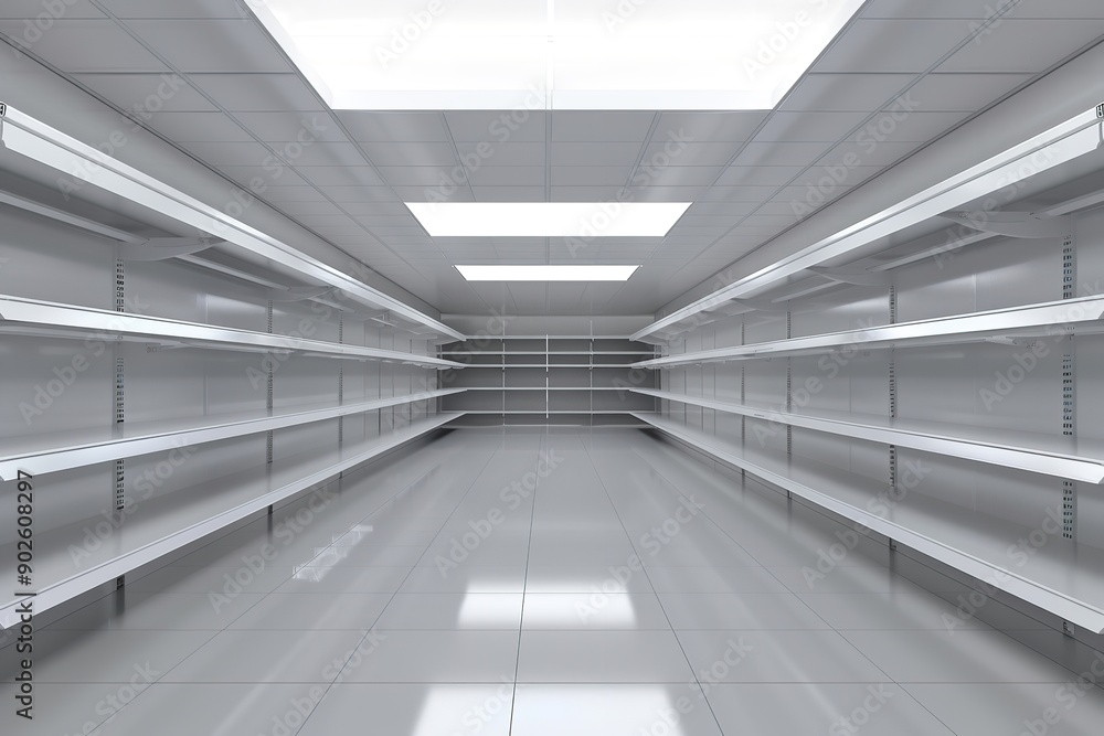 3D illustration of empty store shelves, Generative AI. 3D illustration of empty store shelves, Generative AI.