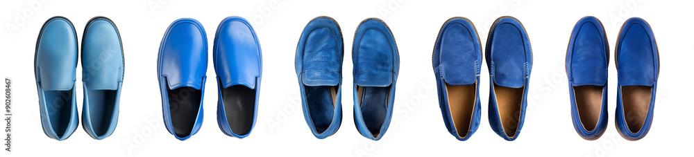 Collection pair of blue slip-on shoe footwear isolated on a transparent background, top view, cut-out, PNG Collection pair of blue slip-on shoe footwear isolated on a transparent background, top view, cut-out, PNG