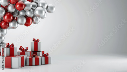 Pedestal Platform display with podium background. Blank Exhibition stage empty product presentation. red and white balloons with gift boxes on a pure background new year celebration, birthday party photo