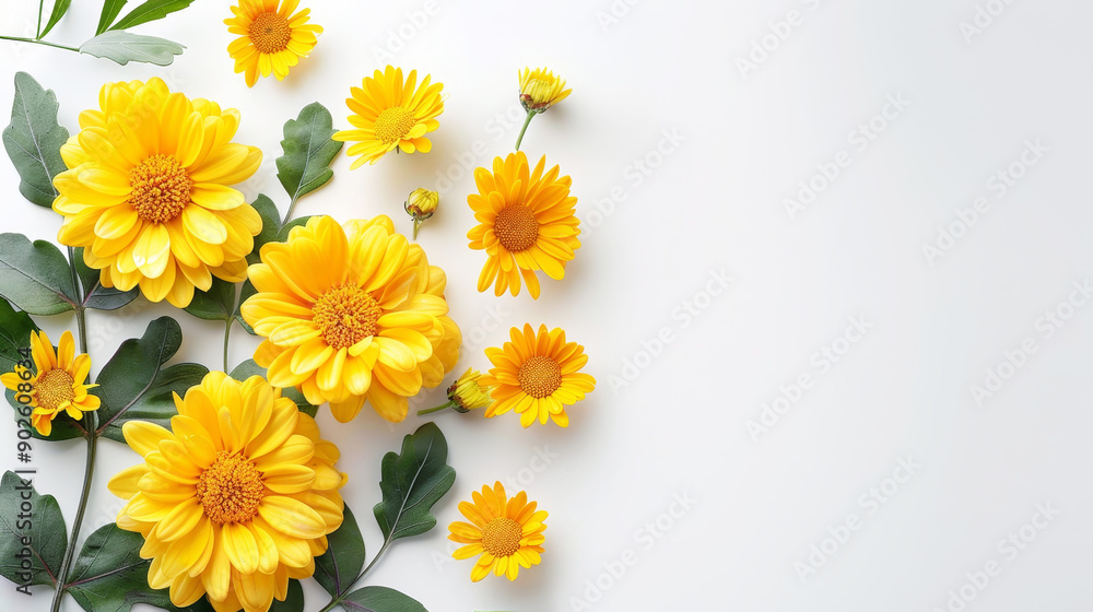 Yellow chrysanthemums on the left side of a white background with green leaves Yellow chrysanthemums on the left side of a white background with green leaves
