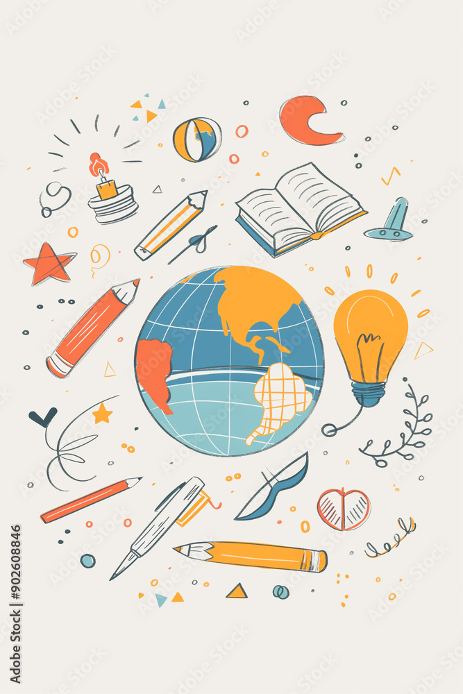 Fototapeta premium world of knowledge concept, drawing of globe surrounded by various symbols and school supplies