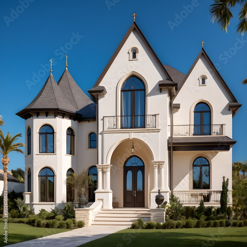 Luxury French-Style Mansion with Arched Windows and Doors.Generative Ai