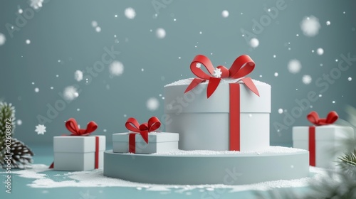 3D rendering of white gift boxes with red ribbons on a snowy surface