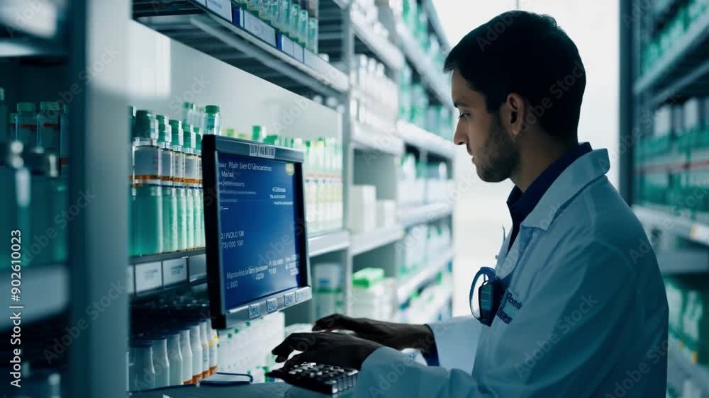 A pharmacist working in the warehouse A pharmacist working in the warehouse