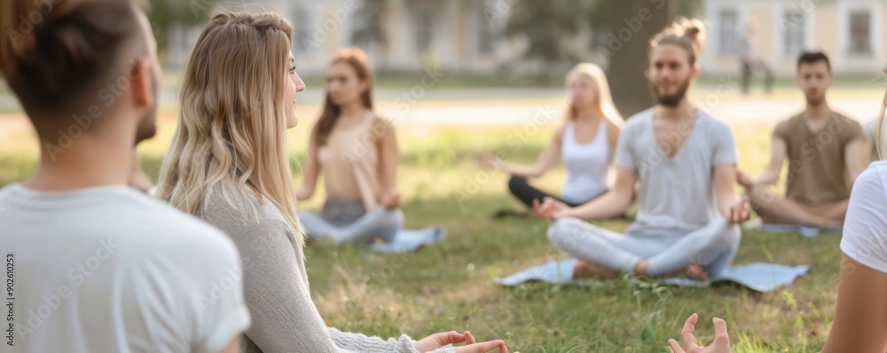 Group of people practicing yoga and meditation together in a tranquil park setting with a blurred lush green background Concept of wellness relaxation and connection with nature Group of people practicing yoga and meditation together in a tranquil park setting with a blurred lush green background Concept of wellness relaxation and connection with nature