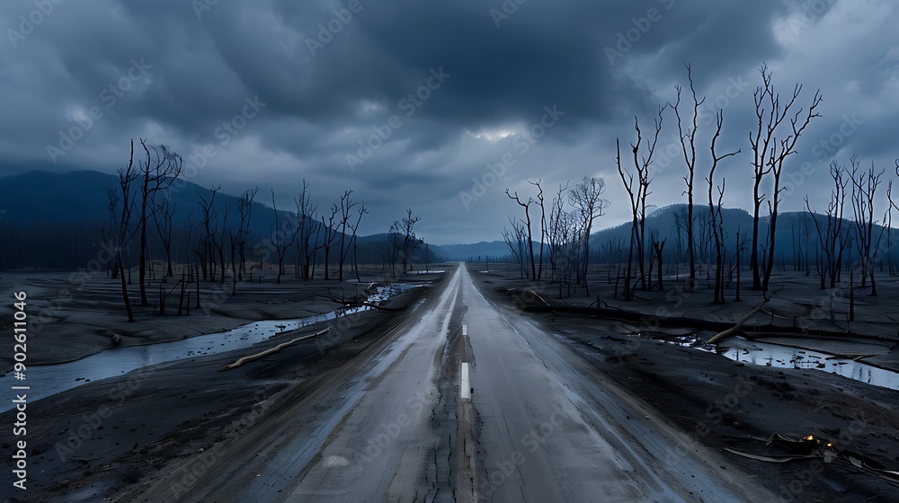 Fototapeta premium A desolate, war-torn landscape with charred trees, destroyed buildings, and polluted rivers