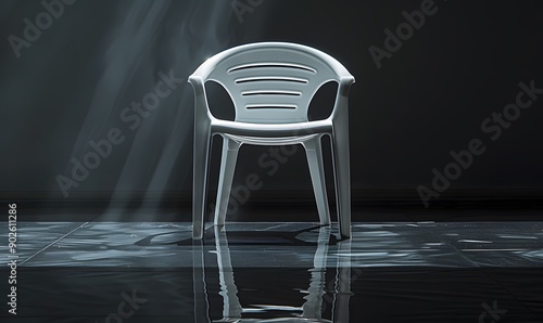 Contemporary photograph of a grey plastic garden chair with subtle reflections