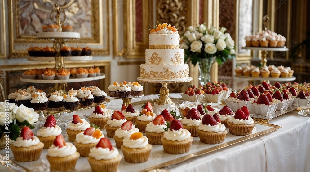 An Elegant and Stunning Dessert Table Featuring Exquisite Cupcakes and Beautiful Flower Arrangements An Elegant and Stunning Dessert Table Featuring Exquisite Cupcakes and Beautiful Flower Arrangements