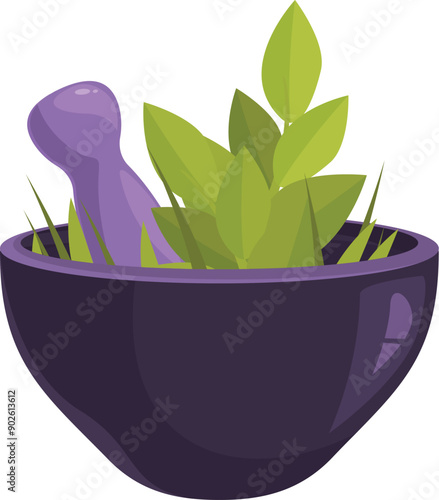 Mortar and pestle are grinding fresh herbs for a natural remedy