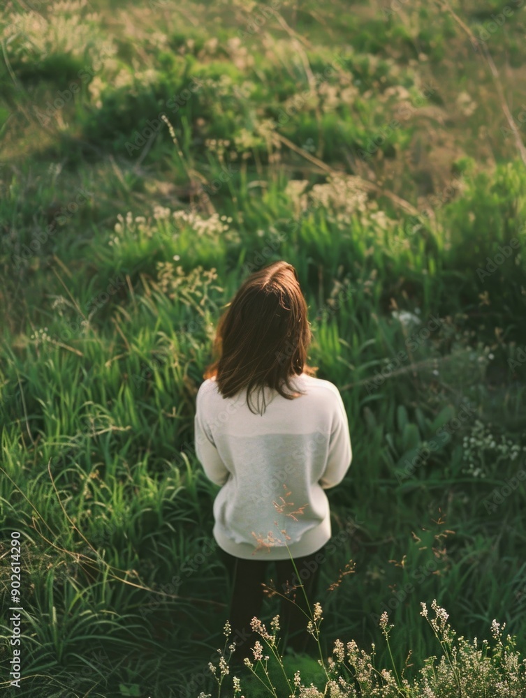 A woman is standing in a field of tall grass. She is wearing a white shirt and black pants. The grass is green and tall, and the sky is blue. The woman is looking off into the distance A woman is standing in a field of tall grass. She is wearing a white shirt and black pants. The grass is green and tall, and the sky is blue. The woman is looking off into the distance