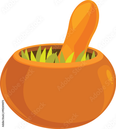 Clay mortar and pestle crushing herbs, preparing a natural remedy