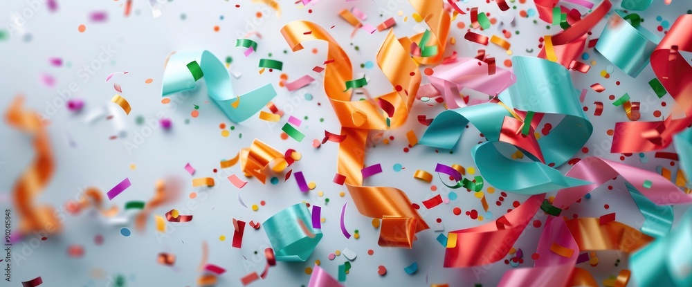 Streamers, Air Beating, And Confetti On A White Background, Perfect For Celebrations Streamers, Air Beating, And Confetti On A White Background, Perfect For Celebrations