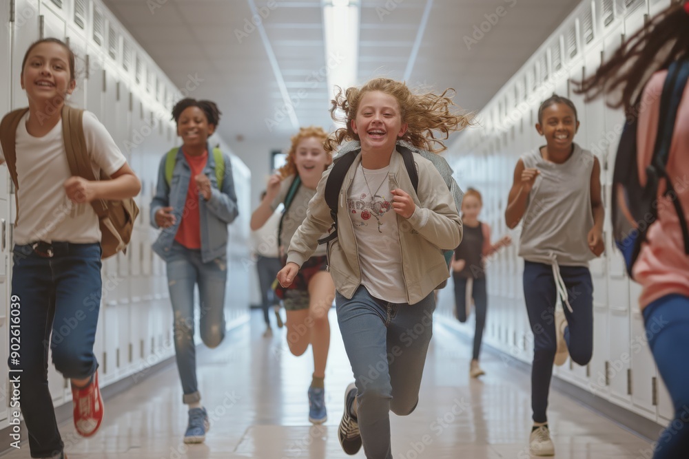 Fototapeta premium Colorful and lively school kids fill the bustling hallway with laughter and excitement. Their youthful exuberance creates a vibrant, energetic atmosphere as they bond, learn, and have fun together