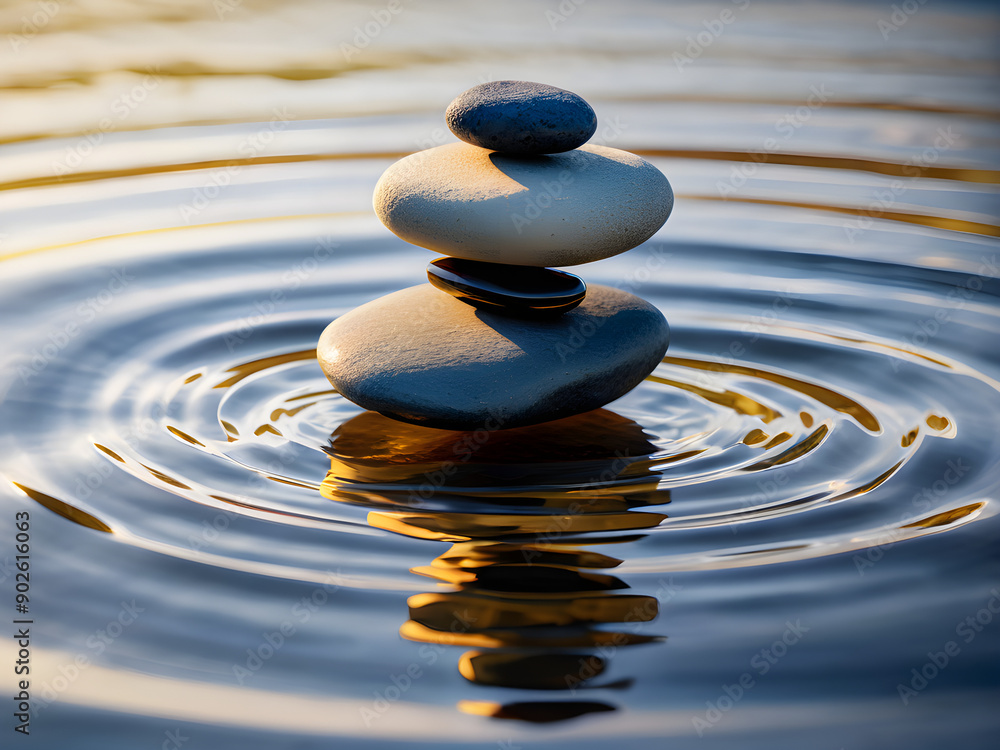 Zen stones in water lit by sun rays Zen stones in water lit by sun rays