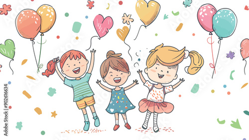 Happy children with balloons and confetti. Vector hand drawn illustration.