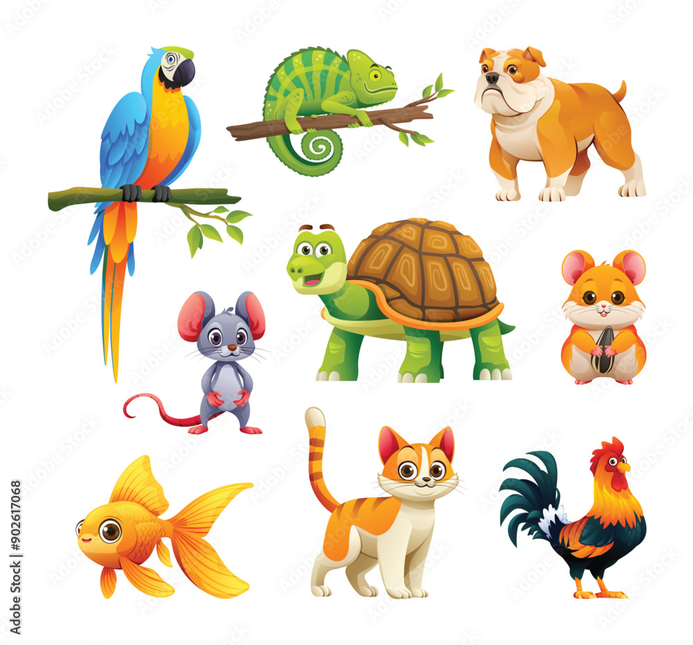 Naklejka premium Set of pet animals including chameleon, hamster, goldfish, and cat. Vector cartoon illustration