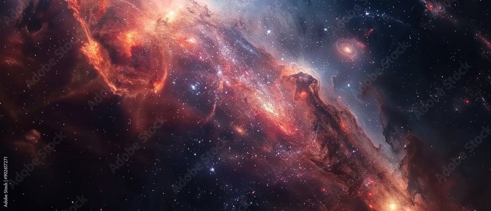 A vibrant astronomical scene features a fiery nebula amidst stars, evoking cosmic grandeur and wonder. Spaceships and a space rock mentioned in captions are omitted in the description. A vibrant astronomical scene features a fiery nebula amidst stars, evoking cosmic grandeur and wonder. Spaceships and a space rock mentioned in captions are omitted in the description.