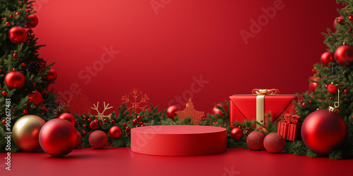 red empty podium for product presentation on red surface. A festive arrangement of Christmas red ornaments