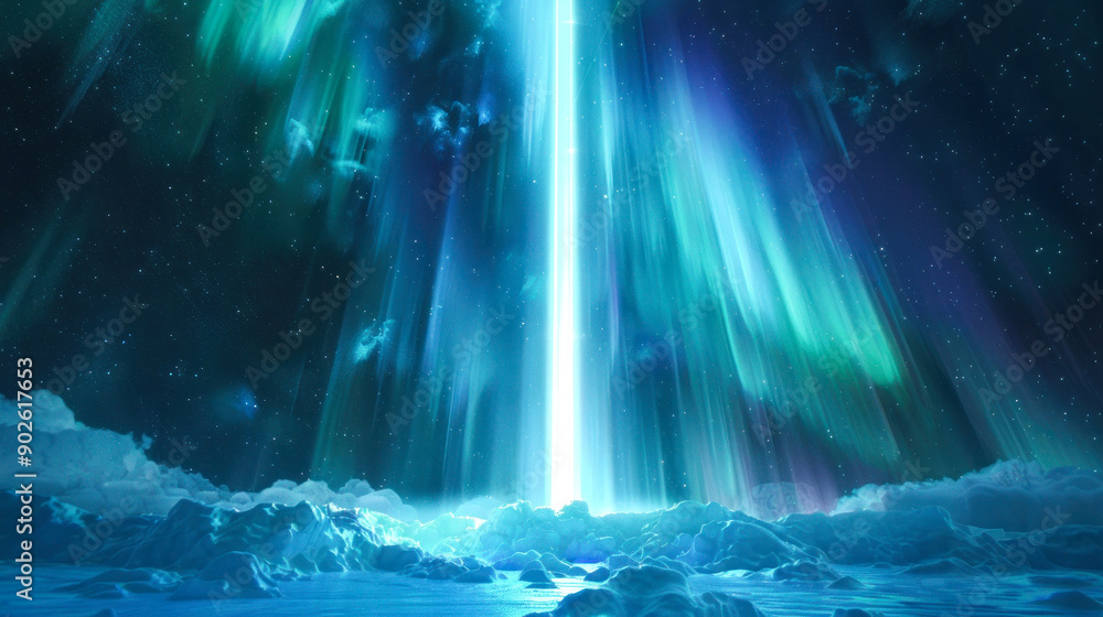 Icy landscape illuminated by brilliant green-blue beam Icy landscape illuminated by brilliant green-blue beam