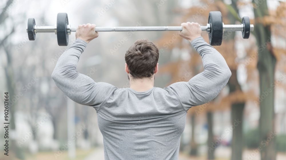 A determined man is lifting weights outdoors in an autumn park surrounded by the natural scenery of trees and pathways He is focused on his workout routine A determined man is lifting weights outdoors in an autumn park surrounded by the natural scenery of trees and pathways He is focused on his workout routine