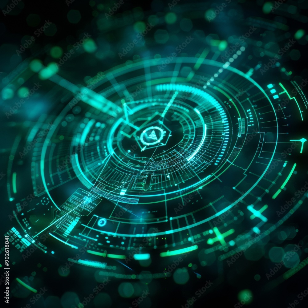 Obraz premium Futuristic Bullet Trajectory Visualization with Glowing Blue and Green Neon Arcs in Cyber Aesthetics