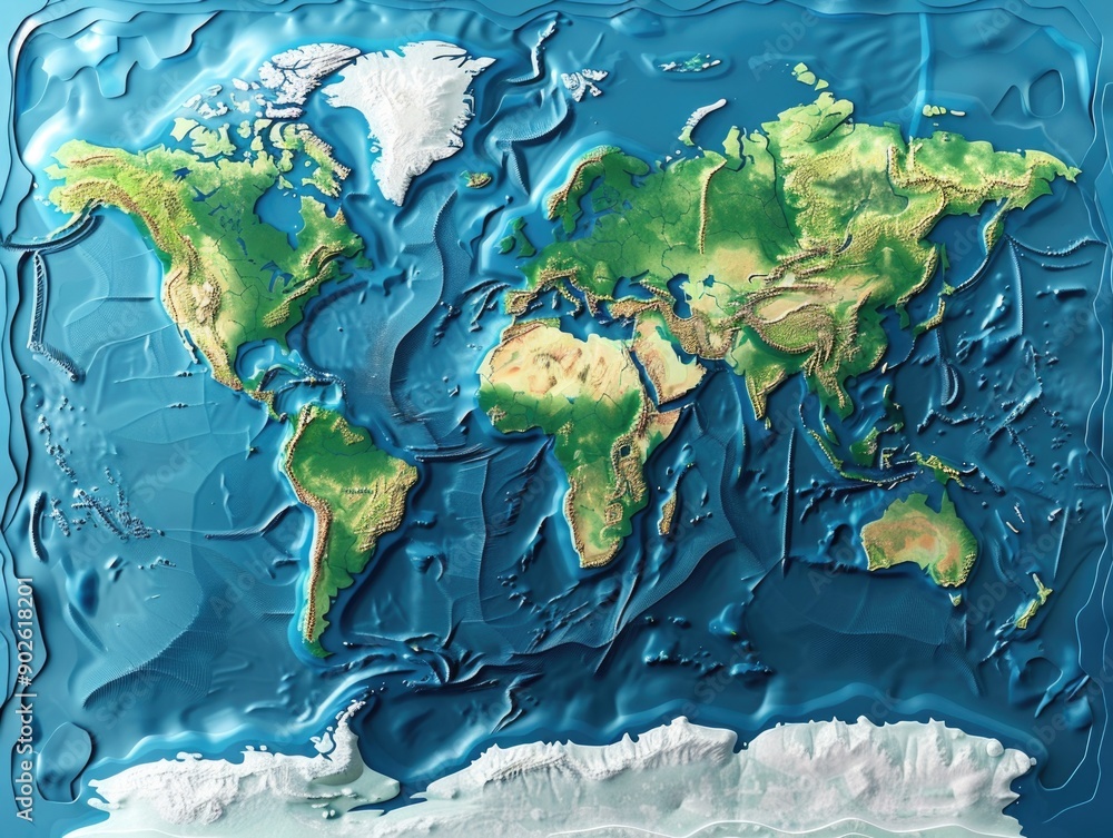 A map of the world with the continents and oceans shown in detail. The ...