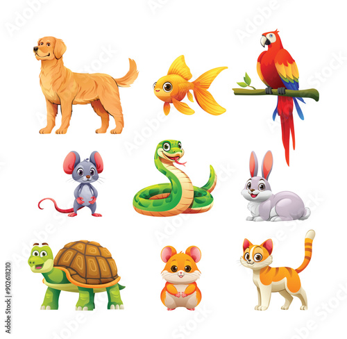 Set of pet animals including dog, rabbit, hamster, and cat. Vector cartoon illustration